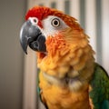 Portrait of a colorful macaw parrot sitting on a branch, selective focus