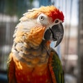 Portrait of a colorful macaw parrot sitting on a branch, selective focus