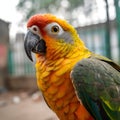 Portrait of a colorful macaw parrot sitting on a branch, selective focus