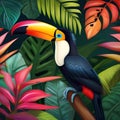 A portrait of a colorful toucan nestled among lush tropical foliage1