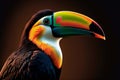 Portrait of a colorful tropical toucan. Close up of colorful toucan bird. Rainbow colors. Colored bird with big beak. Exotic bird