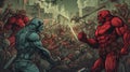 Portrait of a comic book team facing off against a powerful adversary. Fantasy concept , Illustration painting Royalty Free Stock Photo