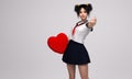 3D rendering, a portrait of an comic japanese girl, pin up girl pose with big red heart for Valentine`s Day