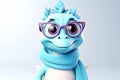 Portrait of comical cute cartoon blue dragon in glasses and warm knitted scarf isolated on white