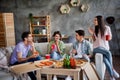 Portrait of company best friends hanging out chatting drink beer eat pizza free time chill flat indoors Royalty Free Stock Photo