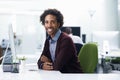 Portrait, computer or design and happy black man in office with creative career mission or mindset. Creative, startup Royalty Free Stock Photo