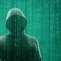 Hacker over Abstract Digital Background with Elements of Binary Code and Computer Programs. Concept of Data thief Royalty Free Stock Photo