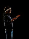 Computer hacker in virtual reality headset. Man in VR helmet. Data thief, internet fraud, darknet and cyber security Royalty Free Stock Photo