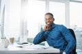 Portrait, confidence and black man by computer in office, workspace and desk happy in creative career. Happiness Royalty Free Stock Photo