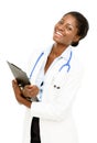 Portrait confident African American female doctor white background Royalty Free Stock Photo