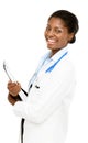 Portrait confident African American female doctor white background Royalty Free Stock Photo