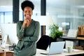 Portrait of confident black woman in modern office with smile, computer and African entrepreneur with pride. Happy face Royalty Free Stock Photo