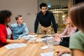 Portrait of confident business team leader standing surrounded by multiracial colleagues, confidently looking to staff Royalty Free Stock Photo