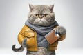 Portrait of confident cat holding wallet with credit cards. Generative AI