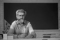 Portrait of confident caucasian male teacher with beard in classroom.