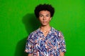 Portrait confident handsome youth guy wearing print shirt man with curly hair chevelure ready for summer isolated on