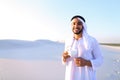 Wonderful beginning of morning for Arab guy in middle of huge de Royalty Free Stock Photo