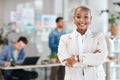 Portrait, confident and happy woman in office with mockup, leadership and startup business ceo at agency. Management Royalty Free Stock Photo