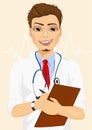 Portrait confident male doctor medical professional taking patient notes