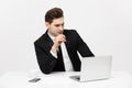 Portrait of confident manager sitting at desk. Portrait of business man working at computer. Successful formal man in Royalty Free Stock Photo