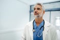 Portrait of confident mature doctor standing in Hospital corridor. Handsome doctor with gray hair wearing white coat Royalty Free Stock Photo