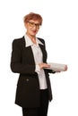 Portrait of confident senior executive manager. Stylish middle age woman in black business suit posing isolated on white Royalty Free Stock Photo