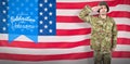 Composite image of portrait of confident soldier giving salute Royalty Free Stock Photo