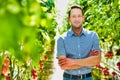 Portrait of confident supervisor standing with arms crossed against tomatoes in greenhouse