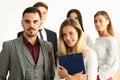 Confident team people posing for collective picture, coworkers look sharp in suits Royalty Free Stock Photo