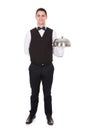 Portrait Of Confident Waiter Tray With Cloche Lid Royalty Free Stock Photo