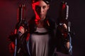 Portrait of confident woman with guns for VR game Royalty Free Stock Photo