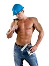 Portrait of confident young beautiful handyman with tools. Royalty Free Stock Photo