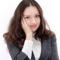 Portrait confused young business woman.isolated on a white