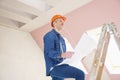 Thinking construction worker portrait Royalty Free Stock Photo