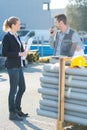 portrait construction workers talking outdoors Royalty Free Stock Photo