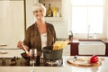 Portrait, cooking or senior woman in kitchen with healthy food for nutrition, wellness or retirement at home. Elderly Royalty Free Stock Photo