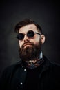 Portrait of a cool bearded male in sunglasses on a dark background