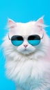 Portrait cool cat concept design, white cat wearing eyes glasses isolated on background, blue texture on background