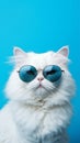 Portrait cool cat concept design, white cat wearing eyes glasses isolated on background, blue texture on background