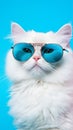 Portrait cool cat concept design, white cat wearing eyes glasses isolated on background, blue texture on background Royalty Free Stock Photo