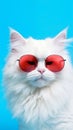 Portrait cool cat concept design, white cat wearing eyes glasses isolated on background, blue texture on background