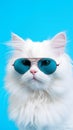 Portrait cool cat concept design, white cat wearing eyes glasses isolated on background, blue texture on background