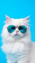 Portrait cool cat concept design, white cat wearing eyes glasses isolated on background, blue texture on background