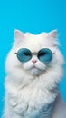 Portrait cool cat concept design, white cat wearing eyes glasses isolated on background, blue texture on background