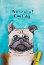 Portrait of cool Pug dog. Watercolor sketch, illustration Royalty Free Stock Photo