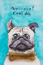 Portrait of cool Pug dog. Watercolor sketch, illustration Royalty Free Stock Photo