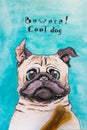 Portrait of cool Pug dog. Watercolor sketch, illustration Royalty Free Stock Photo