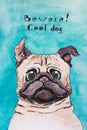 Portrait of cool Pug dog. Watercolor sketch, illustration Royalty Free Stock Photo
