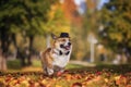 Portrait Of A Corgi Dog In A Black Hat And Bow Tie Gentleman Stands On The Grass In An Autumn Sunny Park