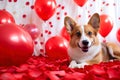 A portrait of a corgi dog among red balloon and rose petals, capturing the essence of Valentine\'s Day